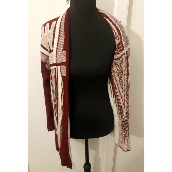 Xhilaration Southwestern Tribal Cardigan Women’s Maroon Open Front Boho Sweater - Picture 2 of 8